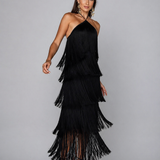 Vestido de Festa Longo com Franjas em Camadas e Decote Frente Única – Montmartre
