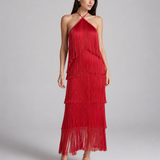 Vestido de Festa Longo com Franjas em Camadas e Decote Frente Única – Montmartre