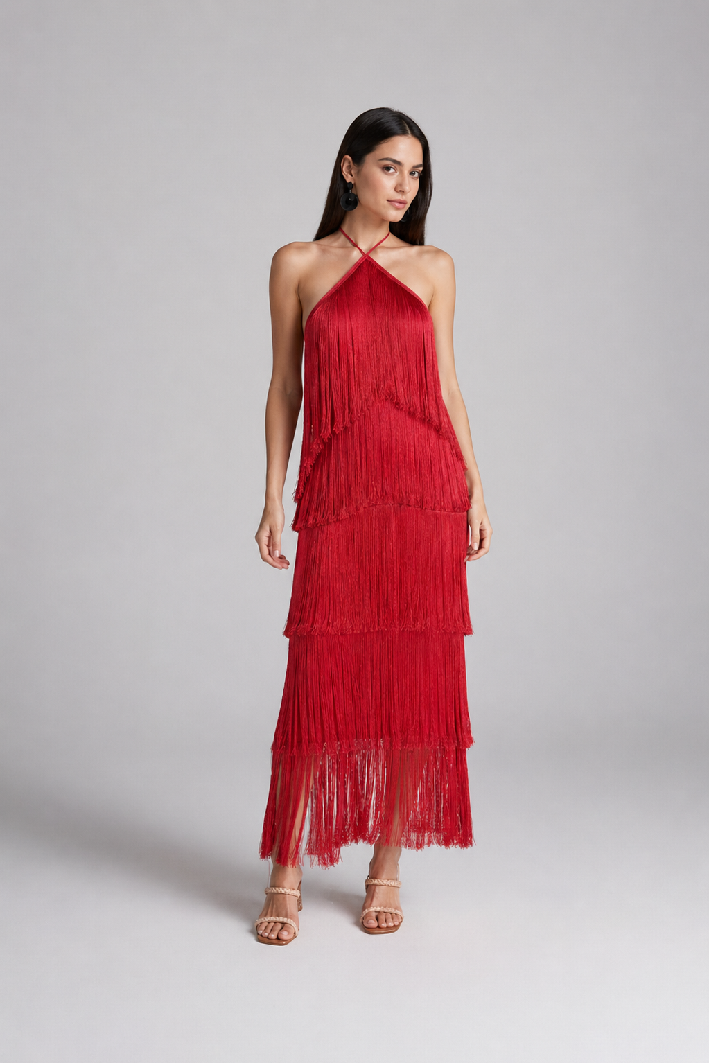 Vestido Feminino de Festa Elegante Longo Com Franjas vermelho - Montmartre - VIEUX OFICIAL