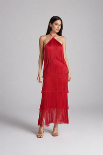 Vestido Feminino de Festa Elegante Longo Com Franjas vermelho - Montmartre - VIEUX OFICIAL