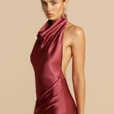 Vestido de Festa Longo de Cetim com Costas Nuas e Decote Frente Única – Gaia
