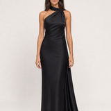 Vestido longo de festa acetinado com gola halter e costas abertas – Aélis – preto frontal