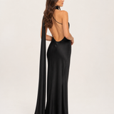Vestido longo de festa acetinado com gola halter e costas abertas – Aélis – preto costas