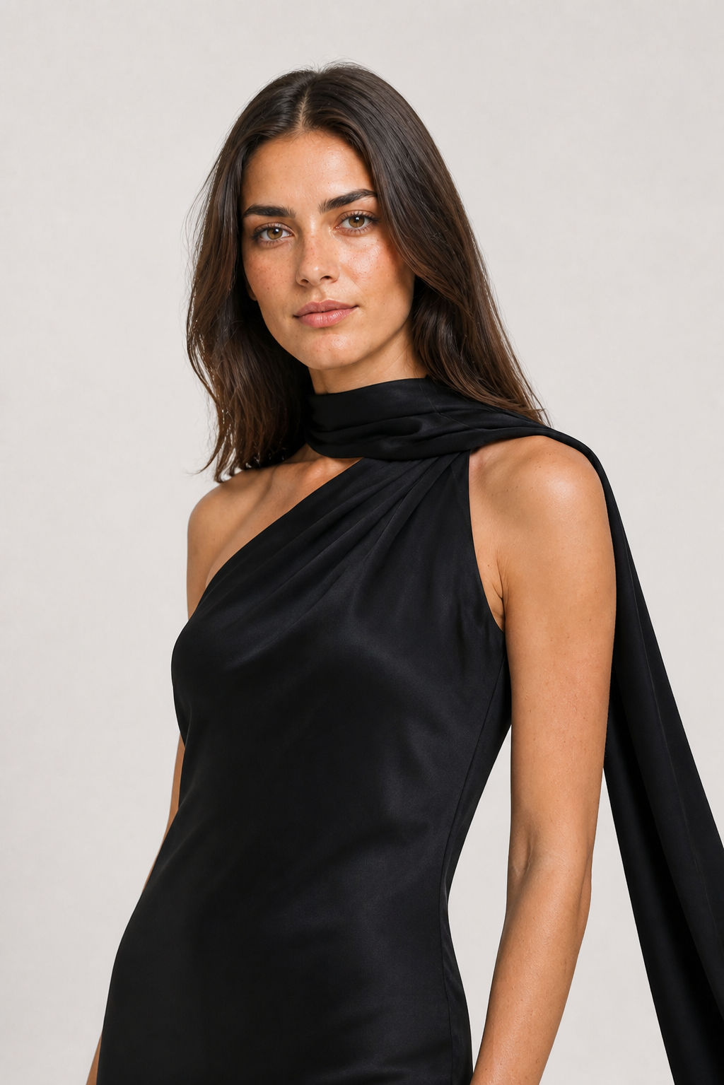 Vestido longo de festa acetinado com gola halter e costas abertas – Aélis – preto editorial