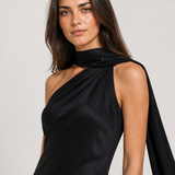 Vestido longo de festa acetinado com gola halter e costas abertas – Aélis – preto editorial