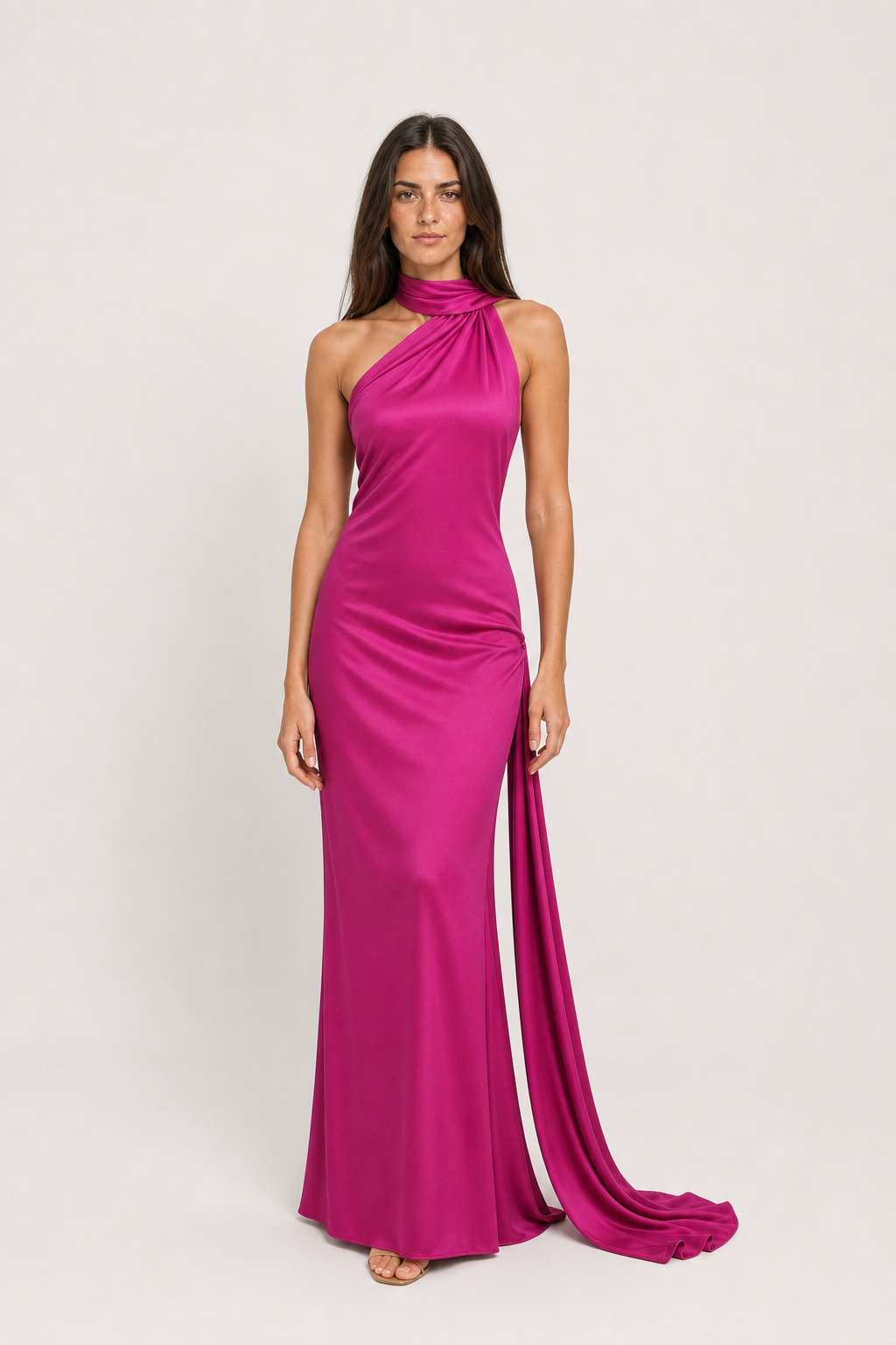 Vestido longo de festa acetinado com gola halter e costas abertas – Aélis – fucsia frontal