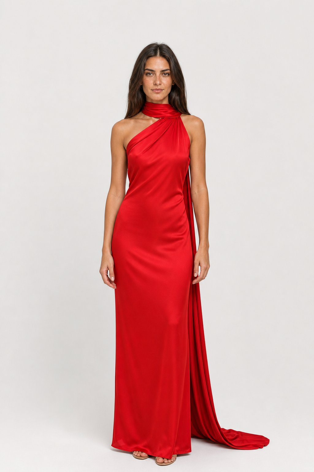 Vestido longo de festa acetinado com gola halter e costas abertas – Aélis – vermelho frontal