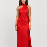 Vestido longo de festa acetinado com gola halter e costas abertas – Aélis – vermelho frontal