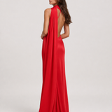 Vestido longo de festa acetinado com gola halter e costas abertas – Aélis – vermelho costas