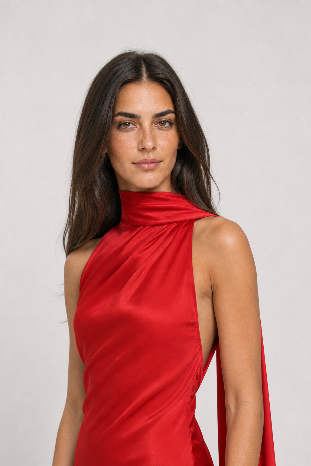 Vestido longo de festa acetinado com gola halter e costas abertas – Aélis – vermelho editorial