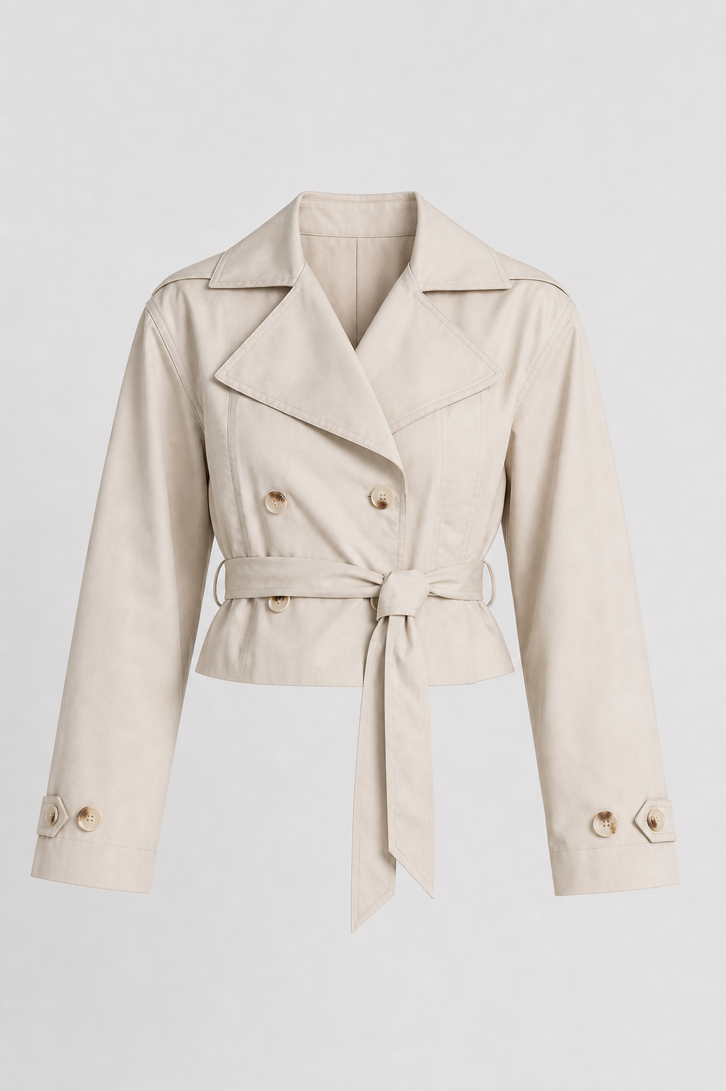 Casaco Feminino Cropped Estilo Trench Coat com Amarração Antonella - packshot