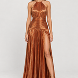 Vestido longo plissado metalizado Athenée cobre metalizado com modelo padrão VIEUX – vista frontal