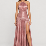 Vestido longo plissado metalizado Athenée rosé com modelo padrão VIEUX – vista frontal