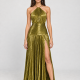 Vestido longo plissado metalizado Athenée verde com modelo padrão VIEUX – vista frontal