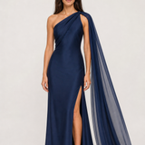 Vestido longo de festa acetinado de um ombro com capa – Azalaïs – azul marinho frontal