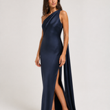 Vestido longo de festa acetinado de um ombro com capa – Azalaïs – azul marinho diagonal