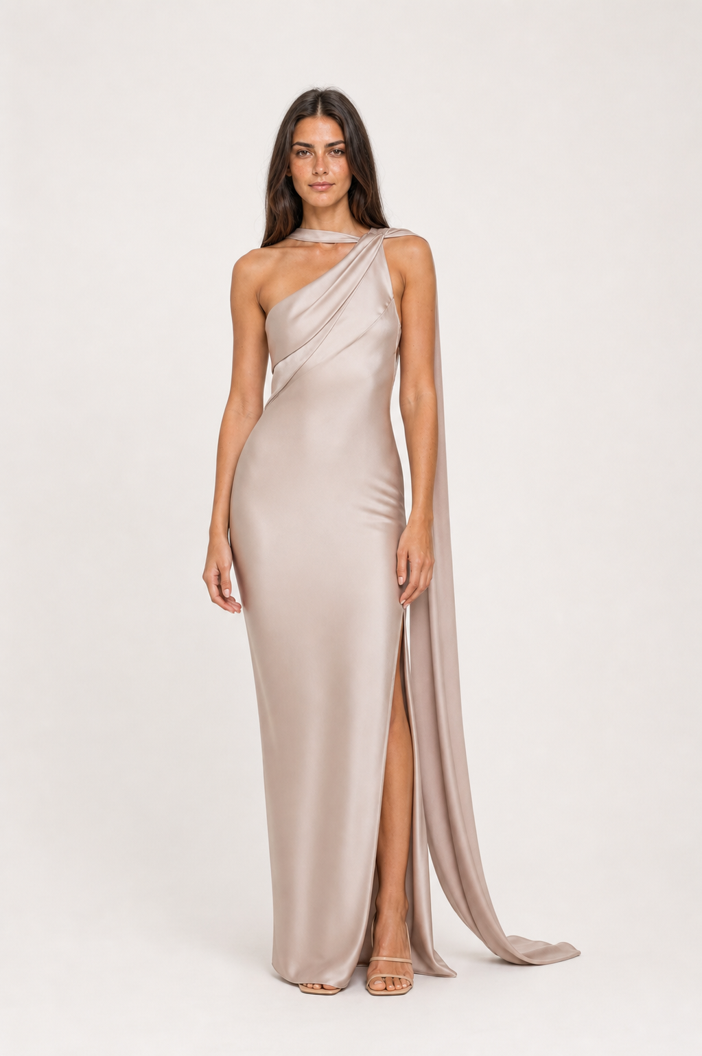 Vestido longo de festa acetinado de um ombro com capa – Azalaïs – champanhe frontal