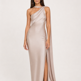 Vestido longo de festa acetinado de um ombro com capa – Azalaïs – champanhe frontal