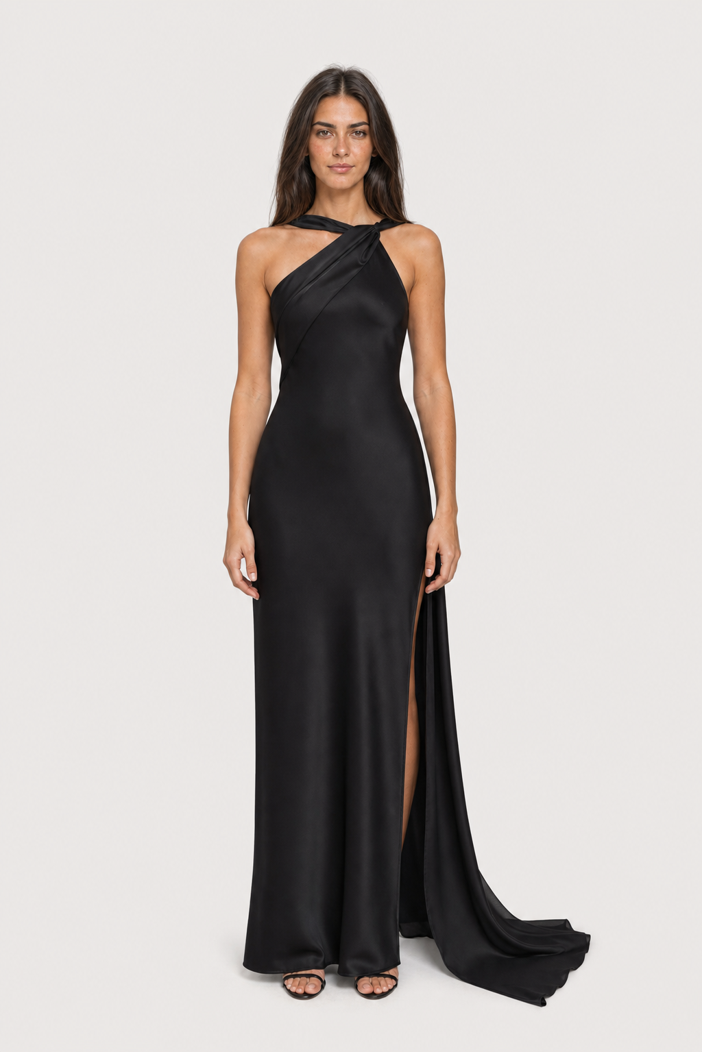 Vestido longo de festa acetinado de um ombro com capa – Azalaïs – preto frontal