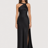 Vestido longo de festa acetinado de um ombro com capa – Azalaïs – preto frontal