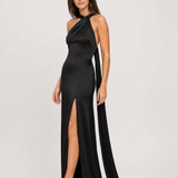 Vestido longo de festa acetinado de um ombro com capa – Azalaïs – preto diagonal