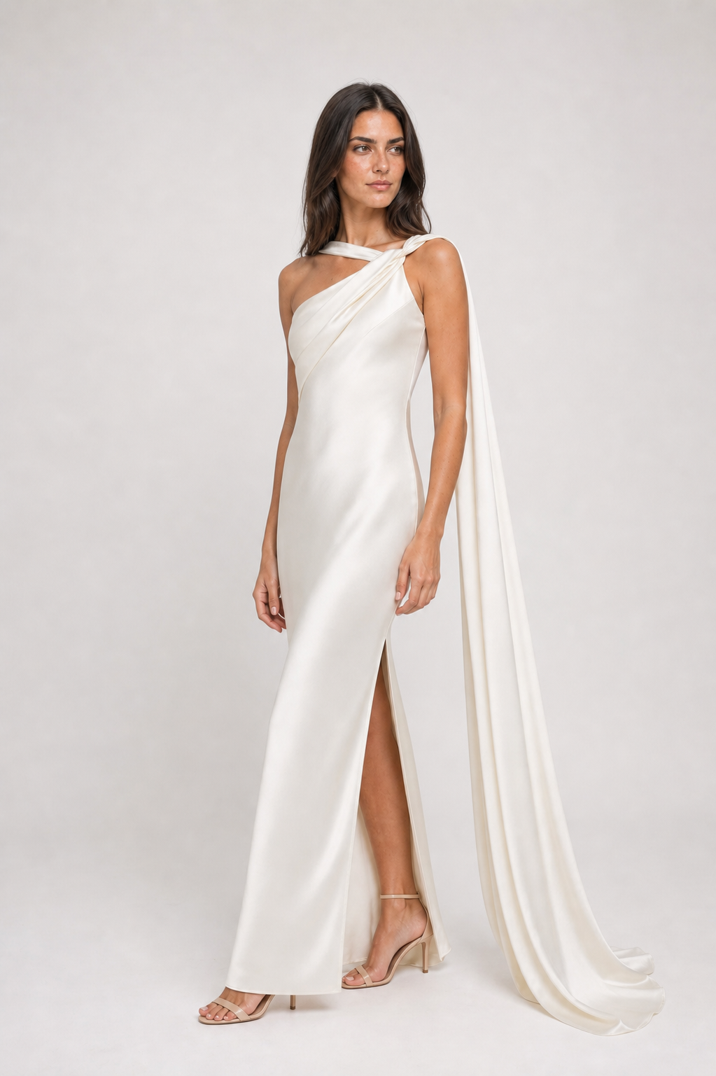 Vestido longo de festa acetinado de um ombro com capa – Azalaïs – off white diagonal