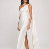 Vestido longo de festa acetinado de um ombro com capa – Azalaïs – off white diagonal