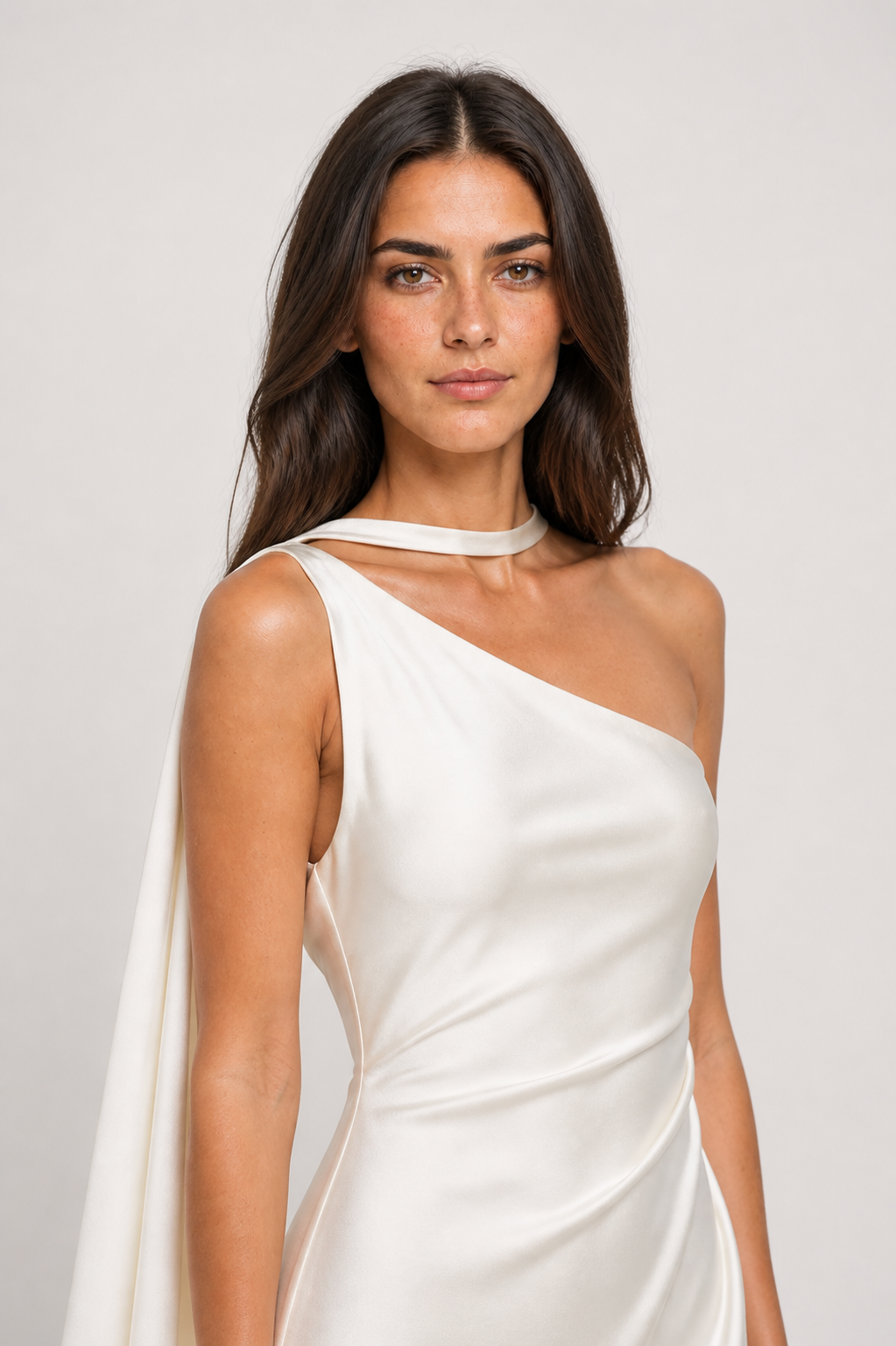 Vestido longo de festa acetinado de um ombro com capa – Azalaïs – off white editorial