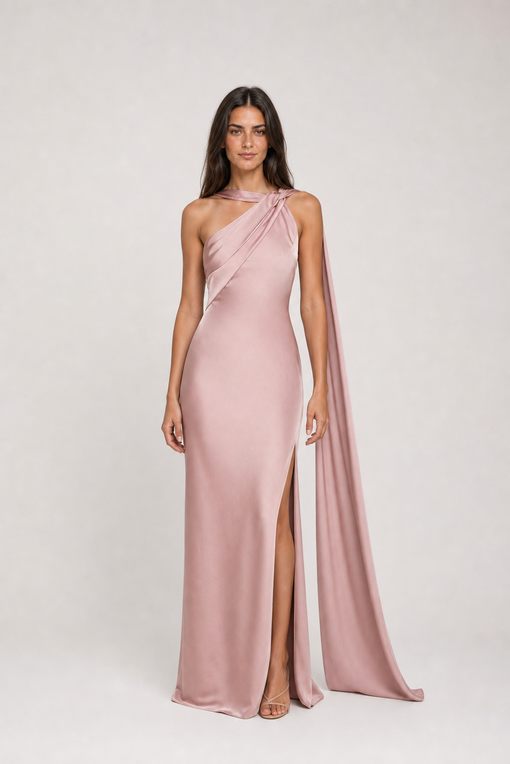 Vestido longo de festa acetinado de um ombro com capa – Azalaïs – rosa frontal