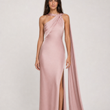 Vestido longo de festa acetinado de um ombro com capa – Azalaïs – rosa frontal