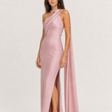 Vestido longo de festa acetinado de um ombro com capa – Azalaïs – rosa diagonal