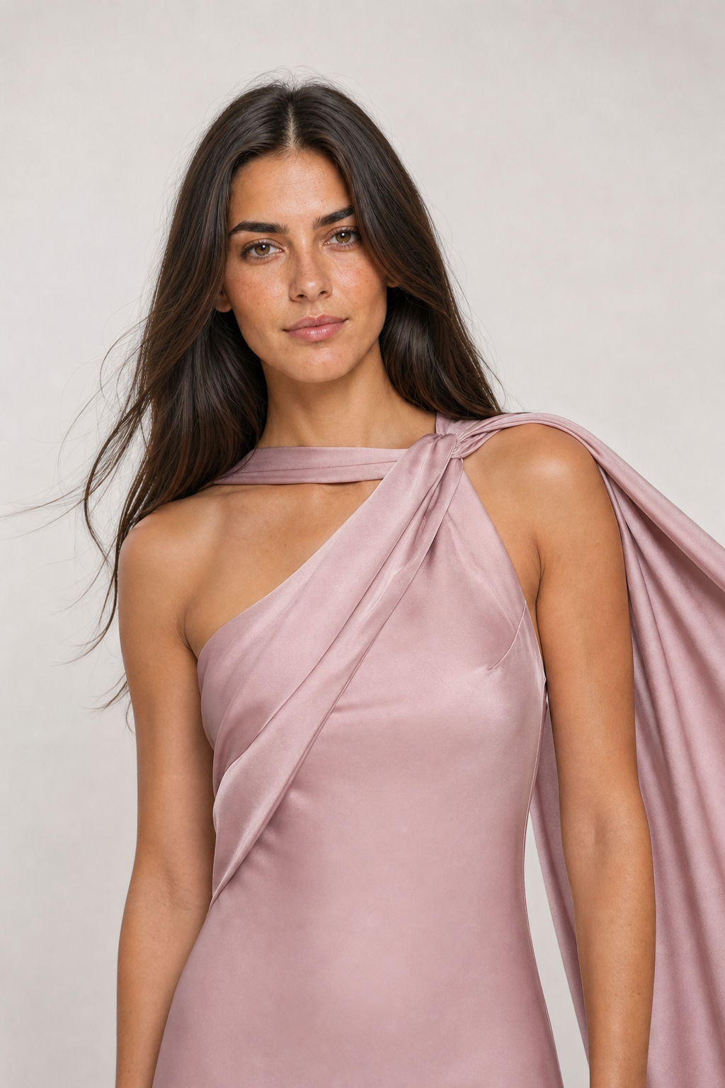 Vestido longo de festa acetinado de um ombro com capa – Azalaïs – rosa editorial
