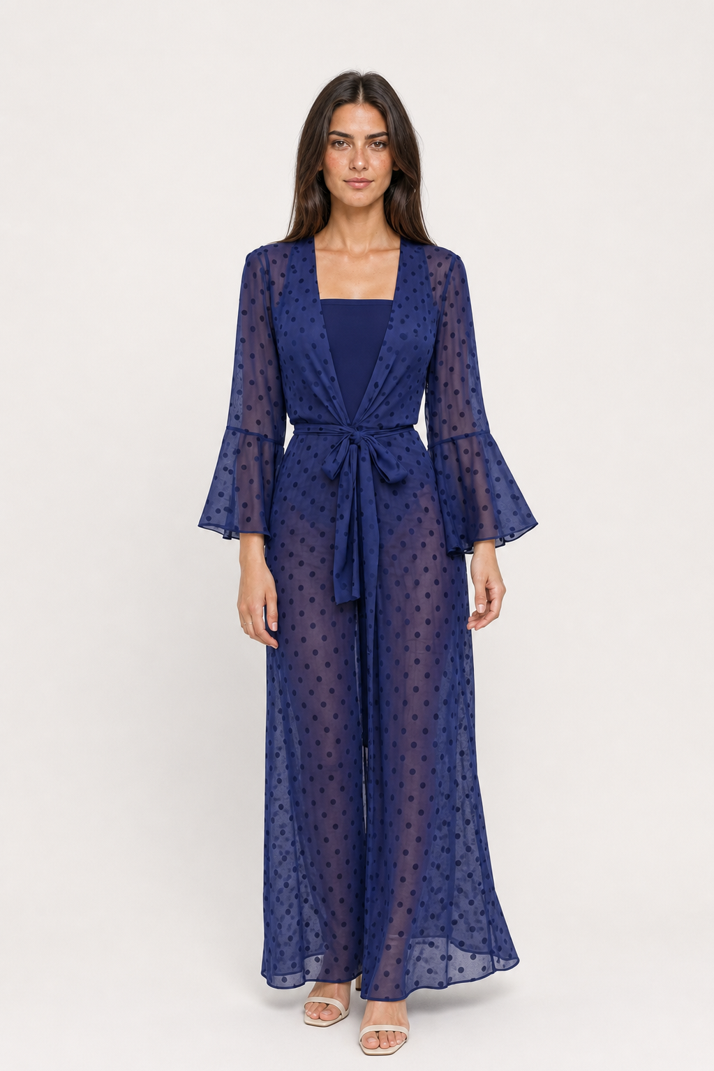 Kimono longo feminino azul marinho com poás e manga flare – Bérengère – vista frontal