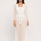 Kimono longo feminino off-white com poás e manga flare – Bérengère – vista frontal