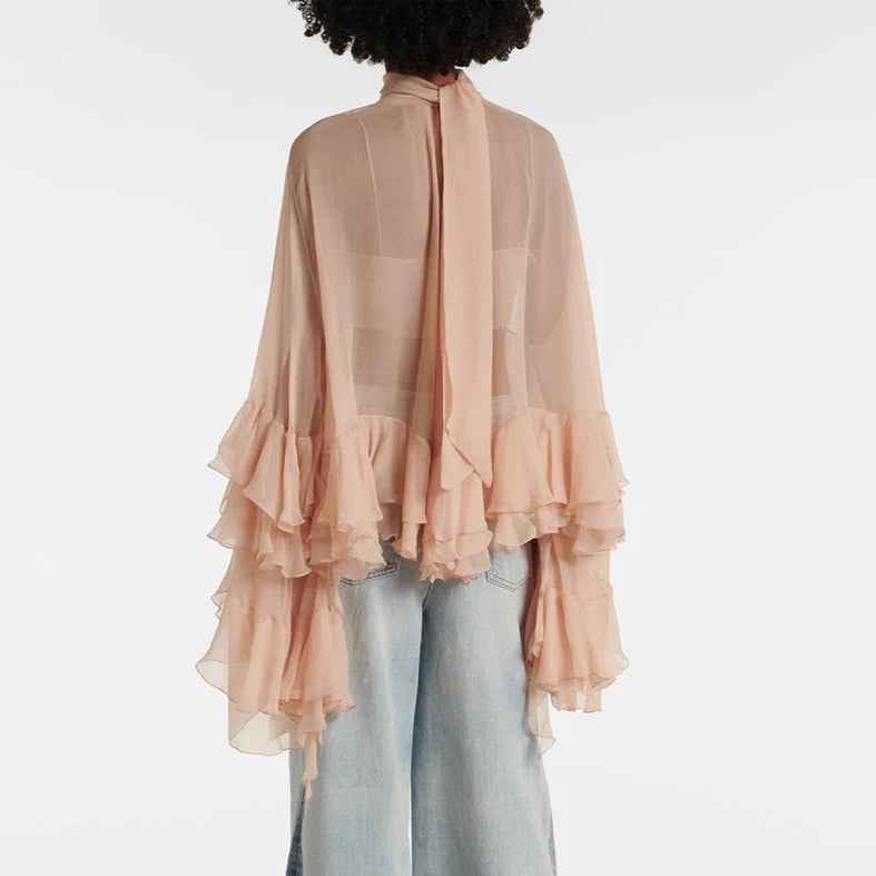 Blusa Feminina Transparente Gola Alta com Mangas Cascata de Babados – Nuvola