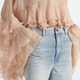 Blusa Feminina Transparente Gola Alta com Mangas Cascata de Babados – Nuvola - VIEUX OFICIAL