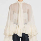 Blusa Feminina Transparente Gola Alta com Mangas Cascata de Babados – Nuvola