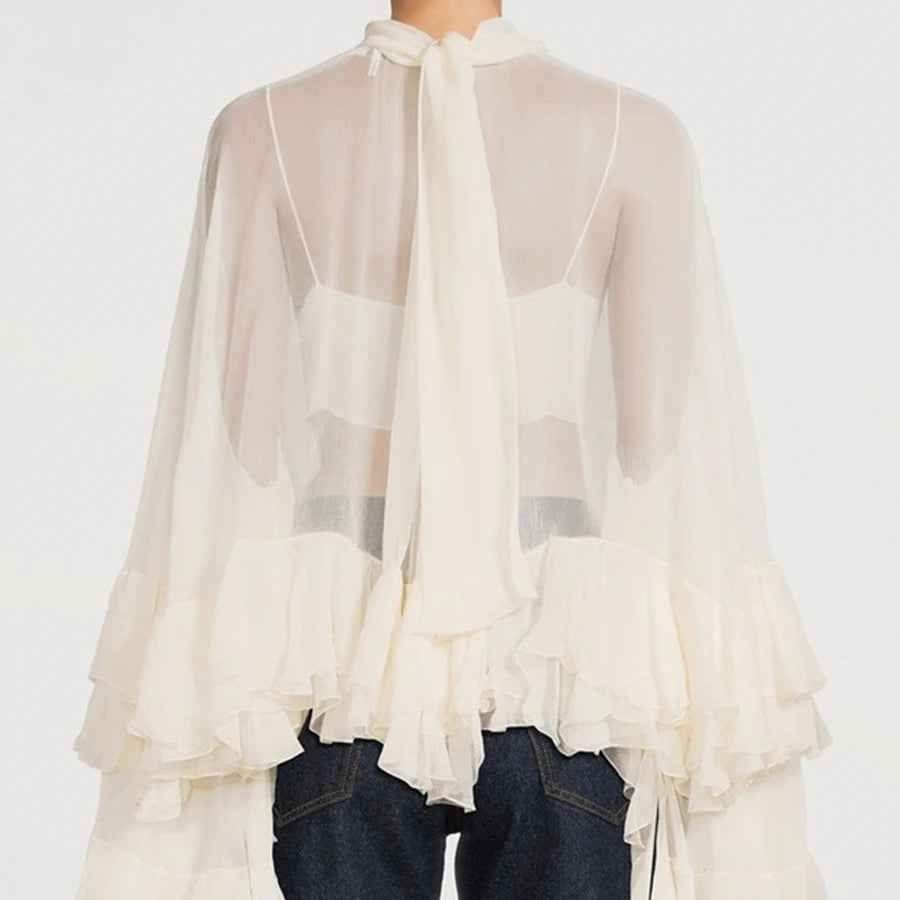 Blusa Feminina Transparente Gola Alta com Mangas Cascata de Babados – Nuvola