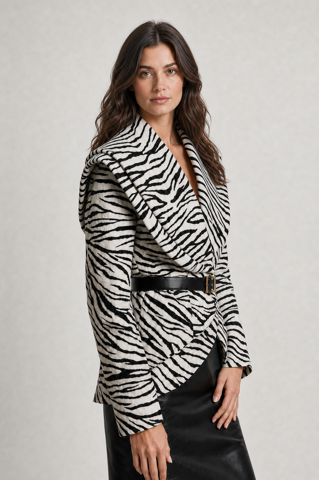 Blazer Célian zebra com modelo em proporções anatômicas harmoniosas - três quartos