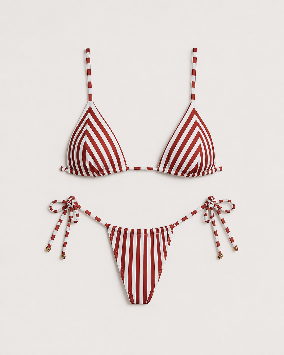 Biquíni feminino Domitille listrado terracota e off-white – composição flat lay