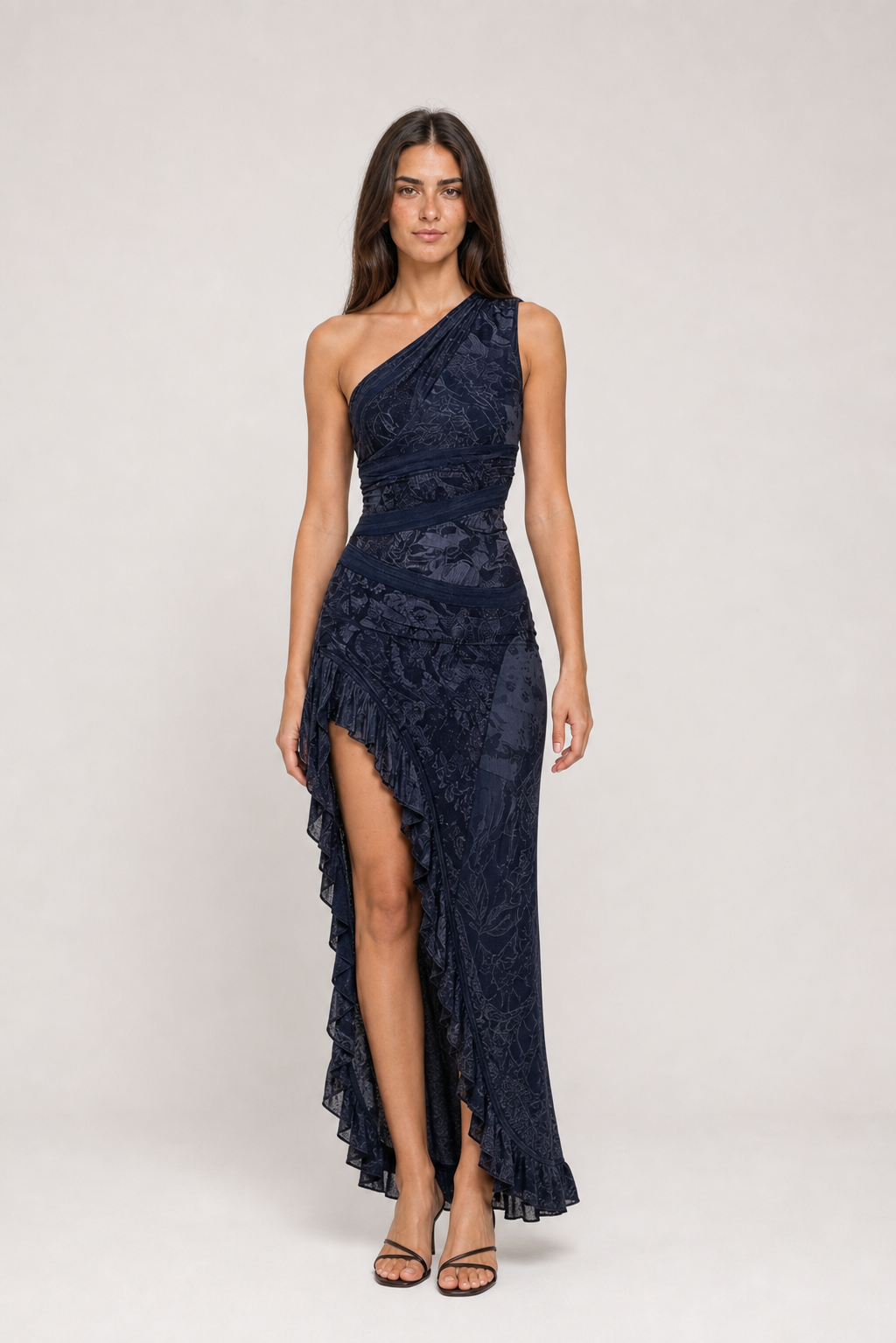 Vestido longo estampado de um ombro só com fenda – Eudoxie – azul escuro 01 frontal