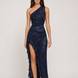 Vestido longo estampado de um ombro só com fenda – Eudoxie – azul escuro 01 frontal