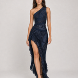 Vestido longo estampado de um ombro só com fenda – Eudoxie – azul escuro 02 diagonal