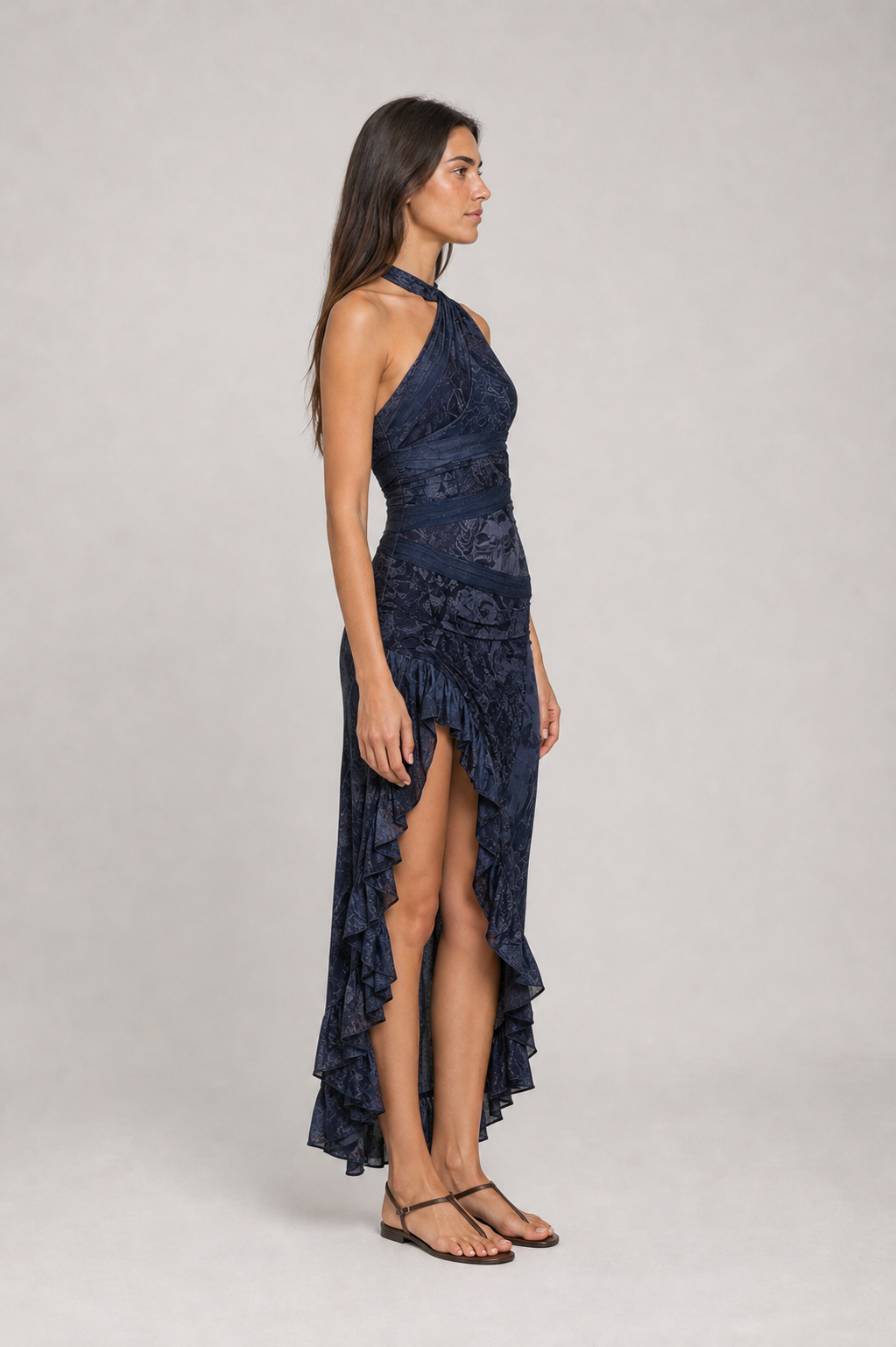 Vestido longo estampado de um ombro só com fenda – Eudoxie – azul escuro 03 lateral