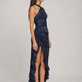 Vestido longo estampado de um ombro só com fenda – Eudoxie – azul escuro 03 lateral
