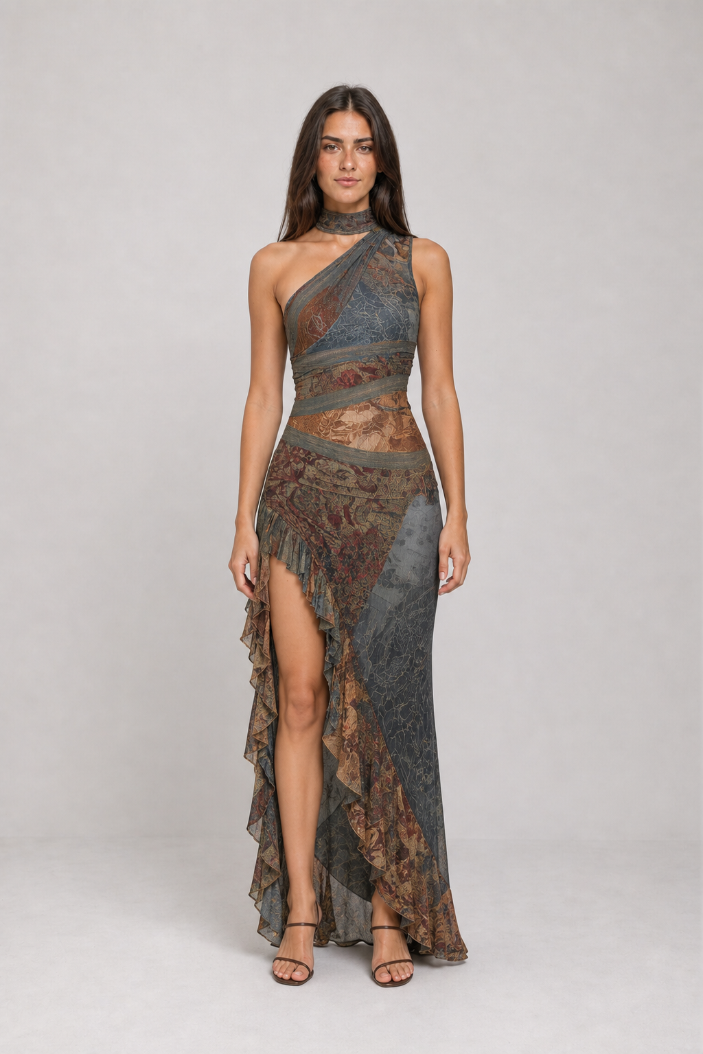 Vestido longo estampado de um ombro só com fenda – Eudoxie – cinza 01 frontal