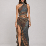 Vestido longo estampado de um ombro só com fenda – Eudoxie – cinza 01 frontal