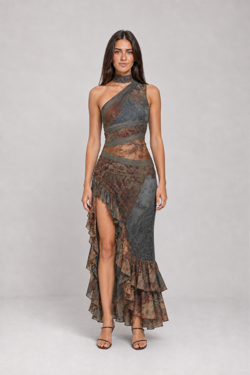 Vestido longo estampado de um ombro só com fenda – Eudoxie – cinza 01 frontal