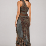 Vestido longo estampado de um ombro só com fenda – Eudoxie – cinza 02 traseira