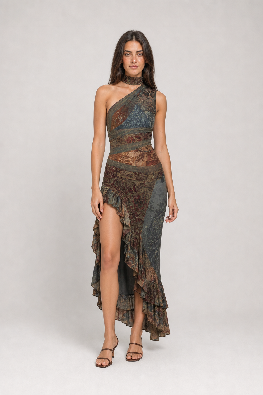 Vestido longo estampado de um ombro só com fenda – Eudoxie – cinza 03 diagonal